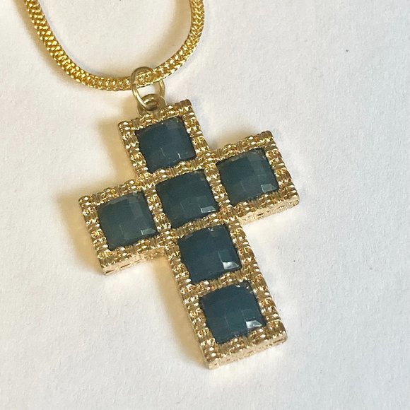 Vintage Gold Cross Pendant Necklace Green Crystal Plated 24" Chain Christian - Picture 2 of 10